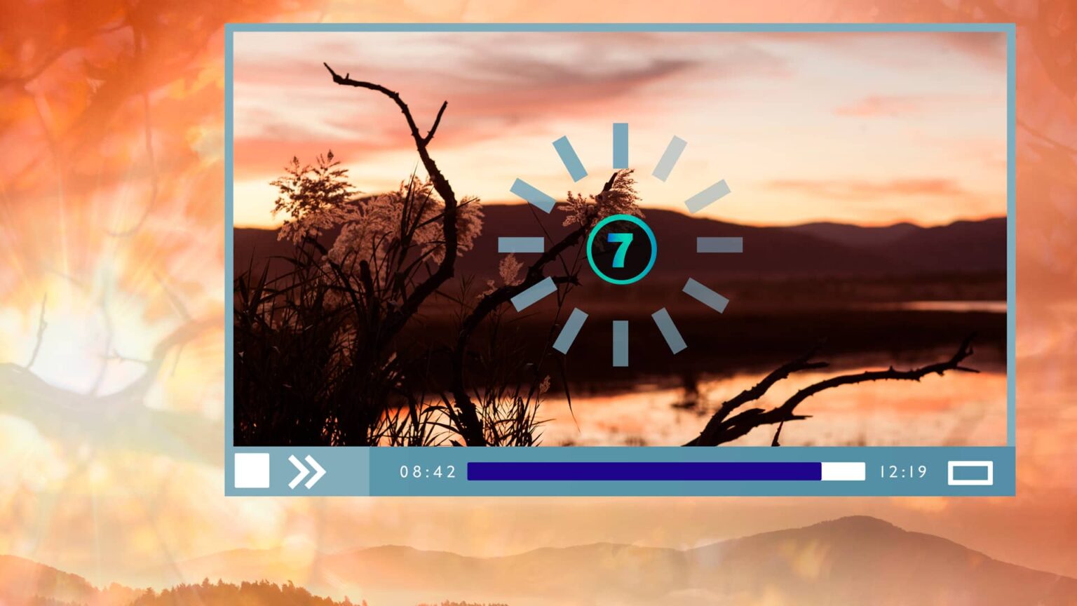 Imagen que representa una lista de los 7 mejores reproductores de vídeo, con una barra de progreso de vídeo y un fondo de paisaje al atardecer.